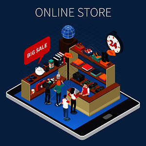 自動(dòng)雜貨店購(gòu)物系統(tǒng)與智能籃子自助機(jī)器人輔助技術(shù)等距成矢量插圖超市自動(dòng)化技術(shù)等距成