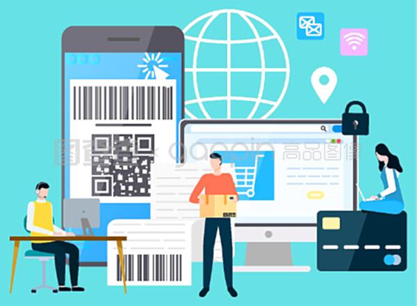 有支付保障的智能手機和計算機,購物和送貨。網上支付系統,帶筆記本電腦的字符。平面卡通風格的矢量插圖。國際商務現代技術小工具